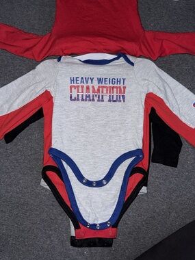 Champion Light Gray Long-Sleeve Bodysuit with Blue Trim and Red Graphic
